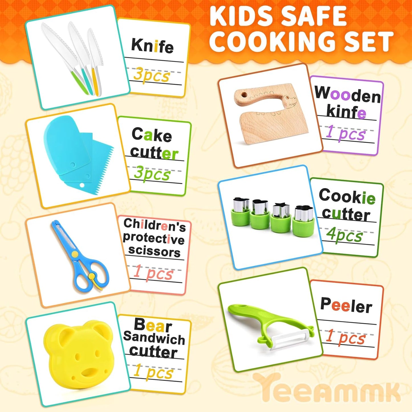 17 PCS Montessori Kitchen Tools for Real Cooking with Cutting Board, Safe for Ages 2+