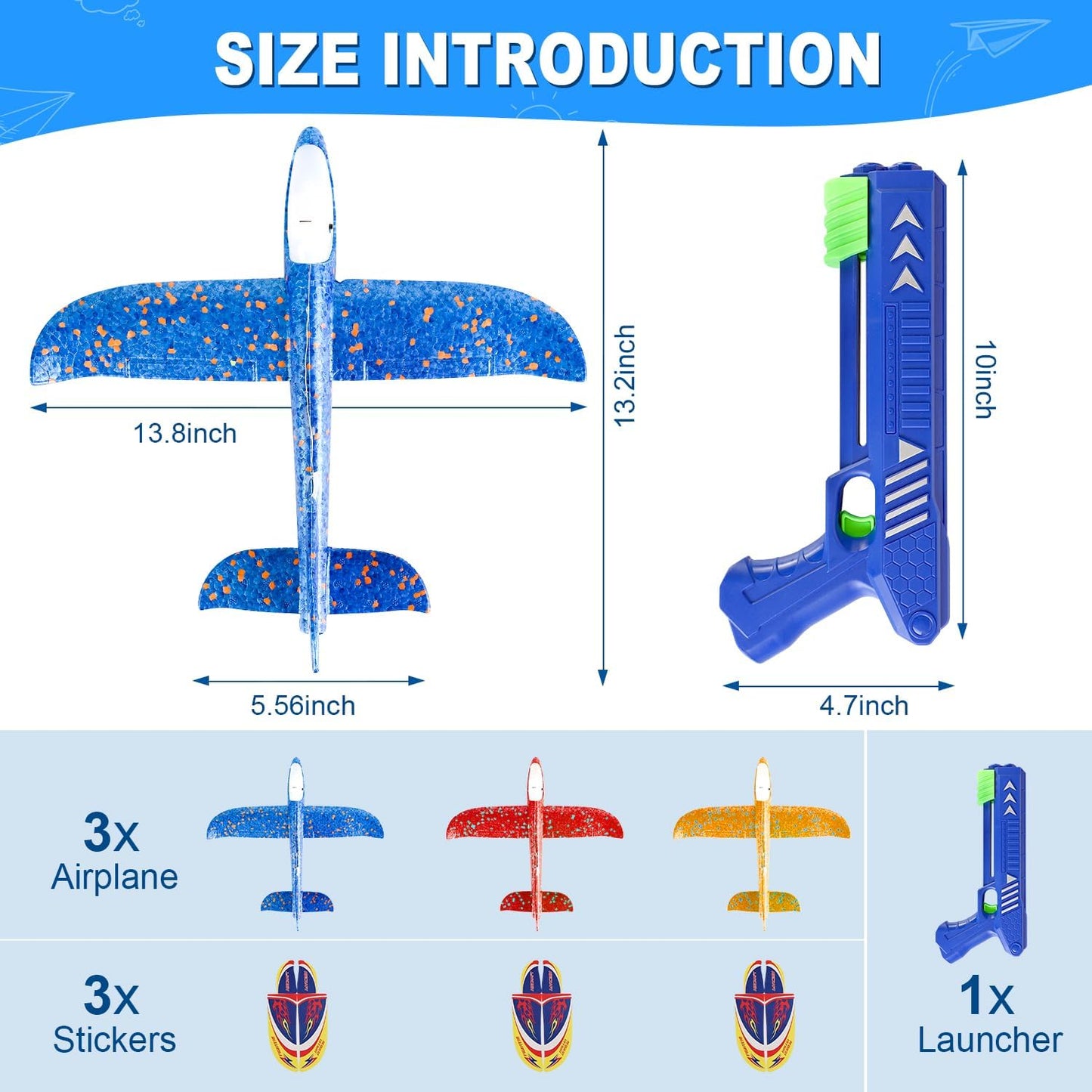 3 Pack Airplane Launcher Toys, Foam Planes, Fly Up to 15m, Safe for Ages 3+