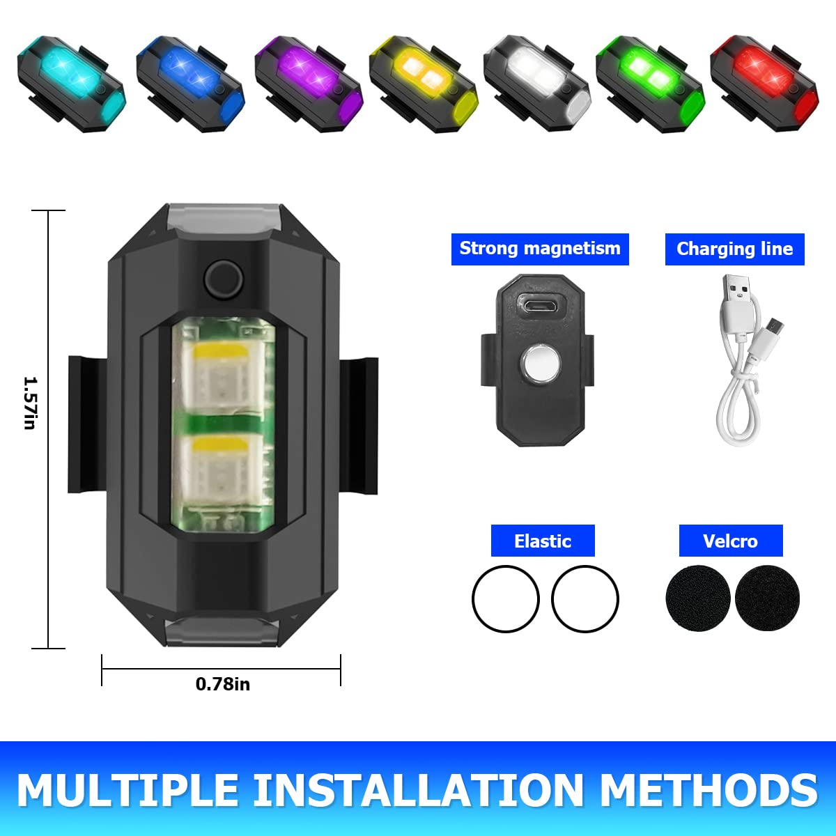 7 Colors LED Motorcycle Strobe Lights - Anti-Collision Lights and USB Charging, Night Signal Emergency Warning