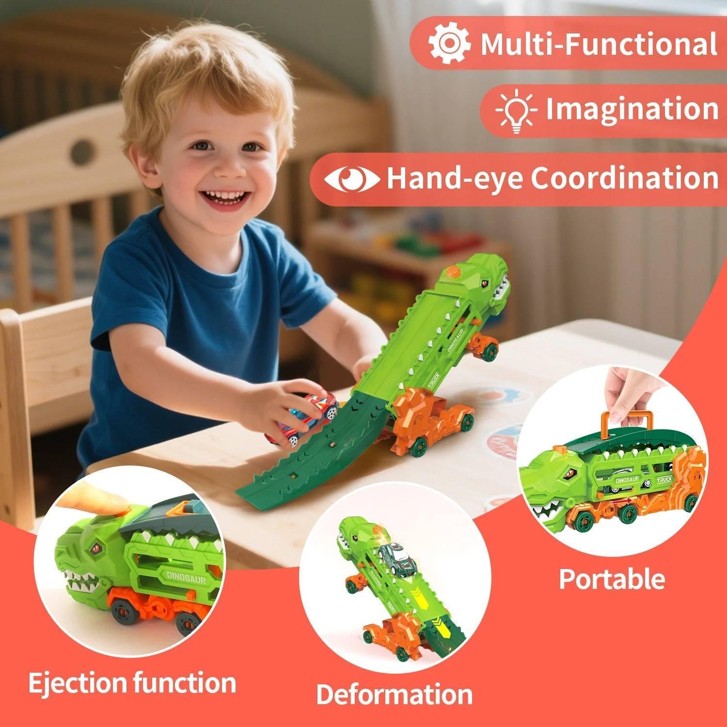 Dinosaur Transport Truck Toy - Multi-Function Vehicle with T-Rex Mode and Mini Cars, Safe for Kids Aged 3+