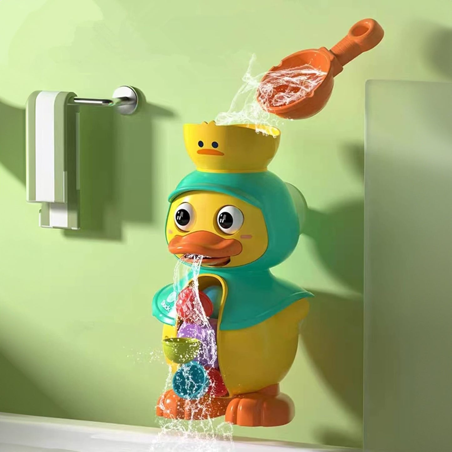 Duck Bath Toy with Rotating Water Wheels, Wall Suction, No Batteries Required, Safe for Ages 1+