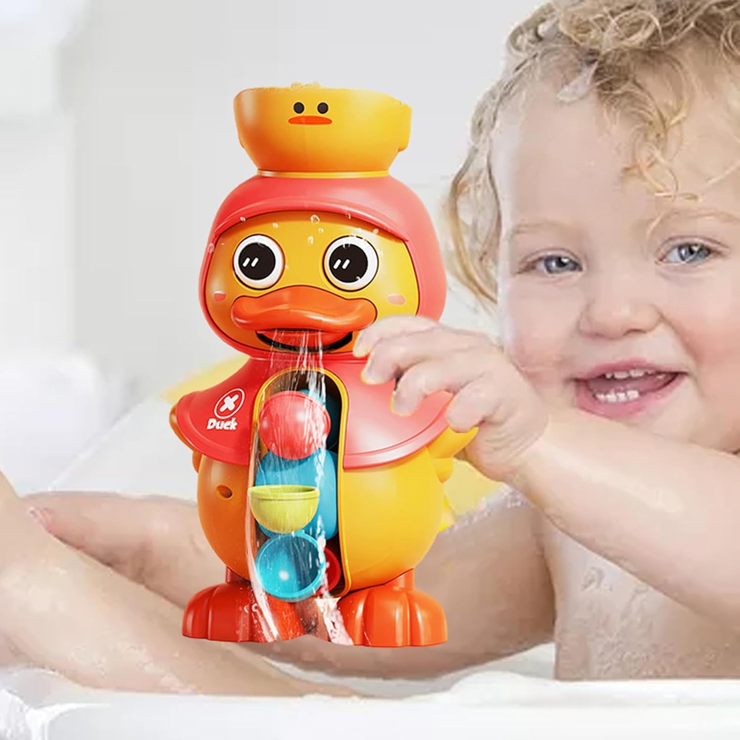 Duck Bath Toy with Rotating Water Wheels, Wall Suction, No Batteries Required, Safe for Ages 1+