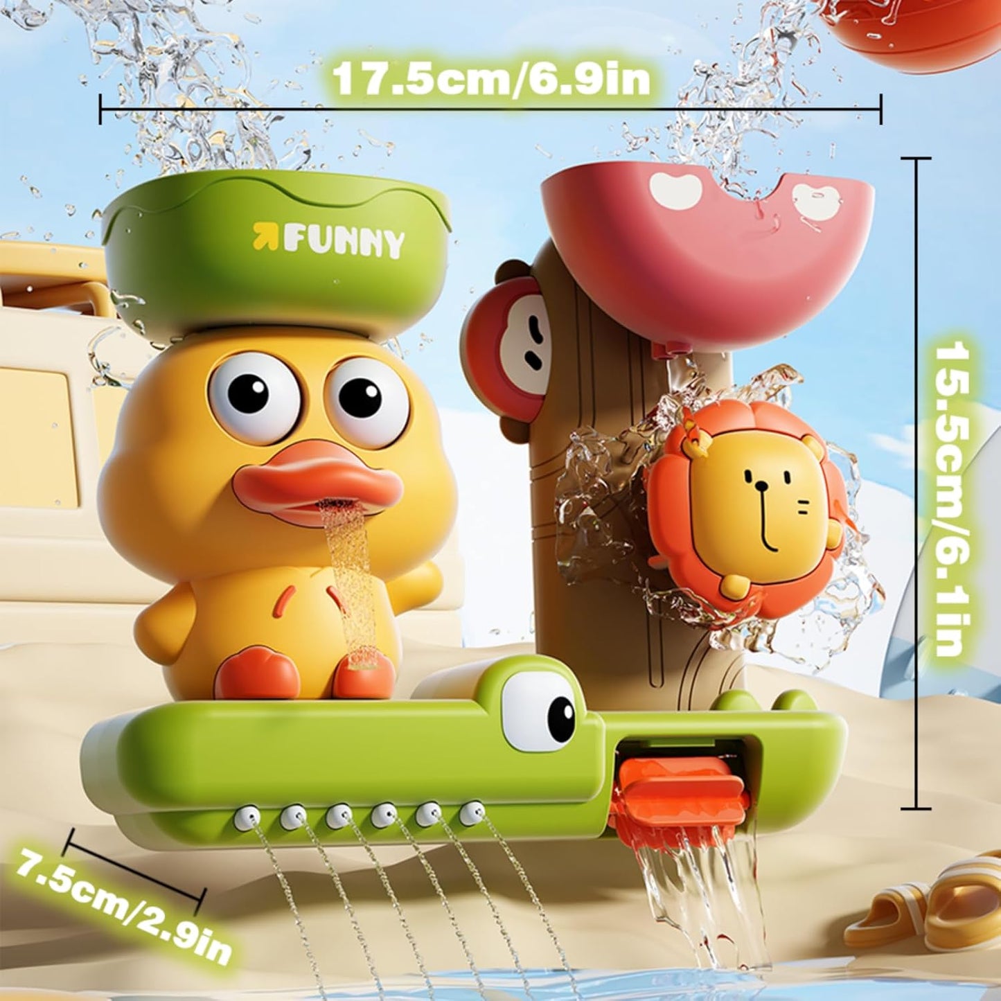 Duck Bath Toy with Spinning Lion Gears, Waterfall and Suction Cups, Safe for Ages 1+