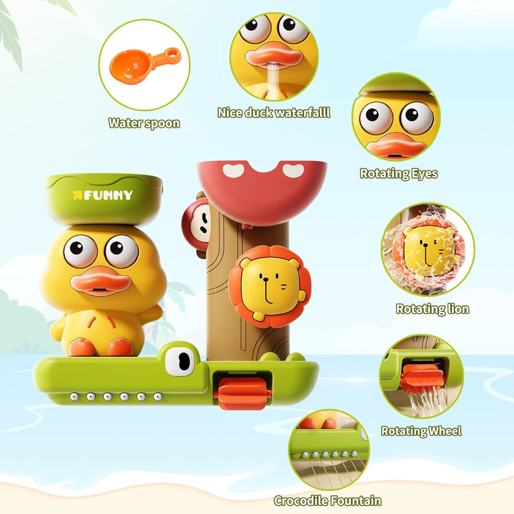 Duck Bath Toy with Spinning Lion Gears, Waterfall and Suction Cups, Safe for Ages 1+