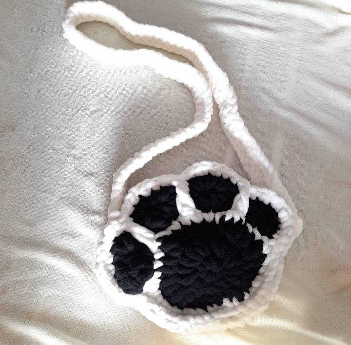Handmade Charming Hand Knitted Bag with Black and White Cat Paw Design