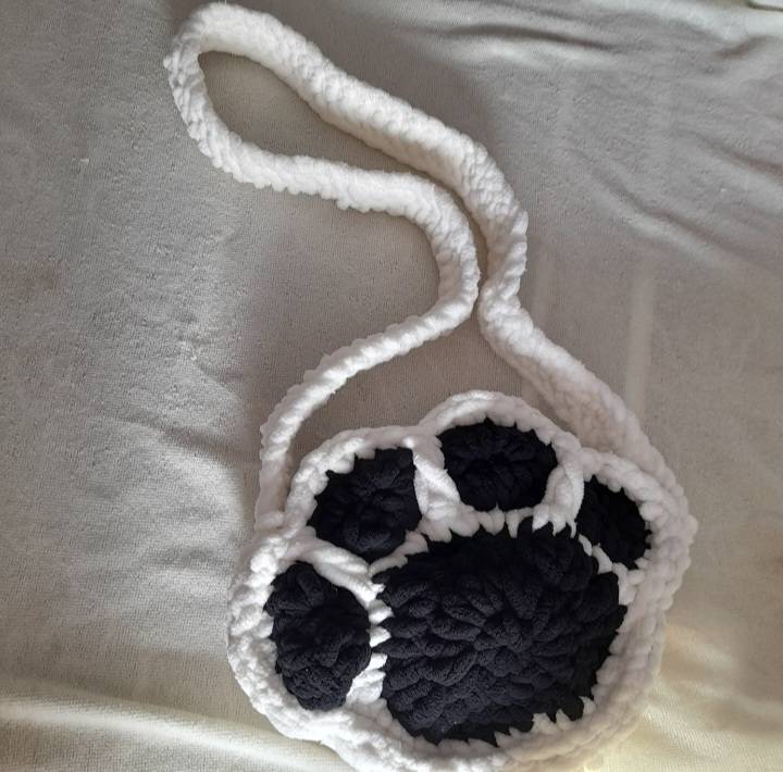 Handmade Charming Hand Knitted Bag with Black and White Cat Paw Design