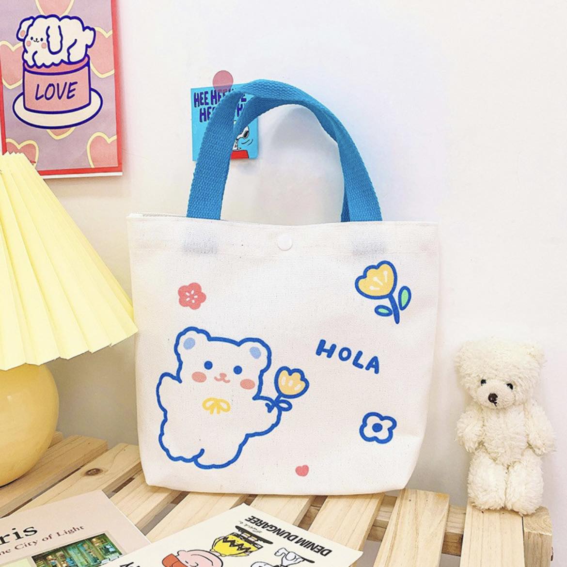 Handmade Cute Cartoon Canvas Tote Bag Small and Portable