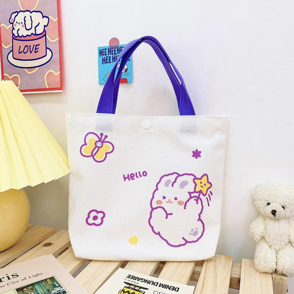 Handmade Cute Cartoon Canvas Tote Bag Small and Portable
