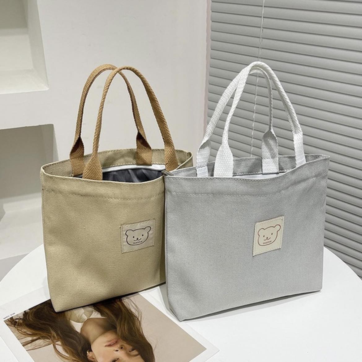 Handmade Vintage Canvas Tote Bag with Bear Face Logo