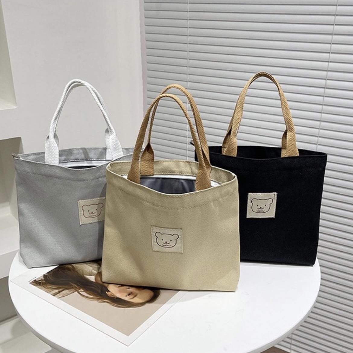 Handmade Vintage Canvas Tote Bag with Bear Face Logo