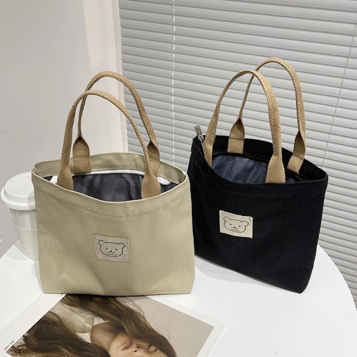 Handmade Vintage Canvas Tote Bag with Bear Face Logo