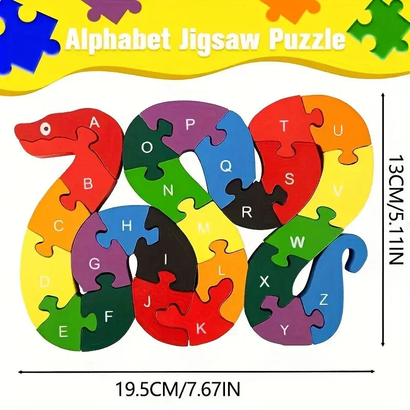 Montessori Wooden Snake Puzzle, Alphabet A–Z and Numbers 1–26 Learning Toy, Safe for Kids Ages 3+