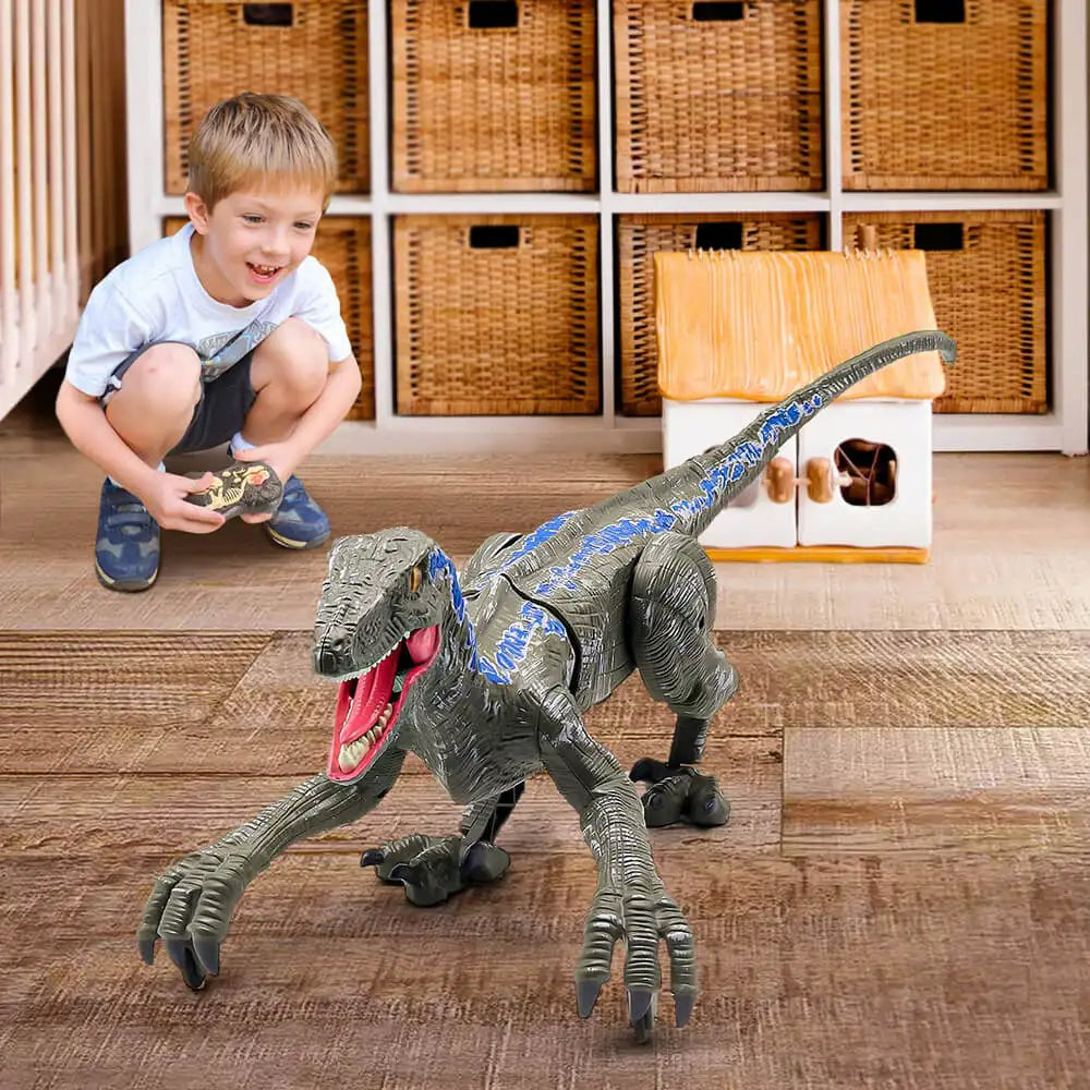 Remote Control Dinosaur Velociraptor with LED Lights and Roaring Sounds, Realistic Walking, Safe for Ages 3+