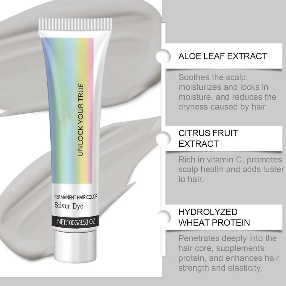 2-in-1 Natural Extract Silver Hair Color Cream with Trendy Silver Effect, Plant-Based Ingredients, and Easy At-Home Use