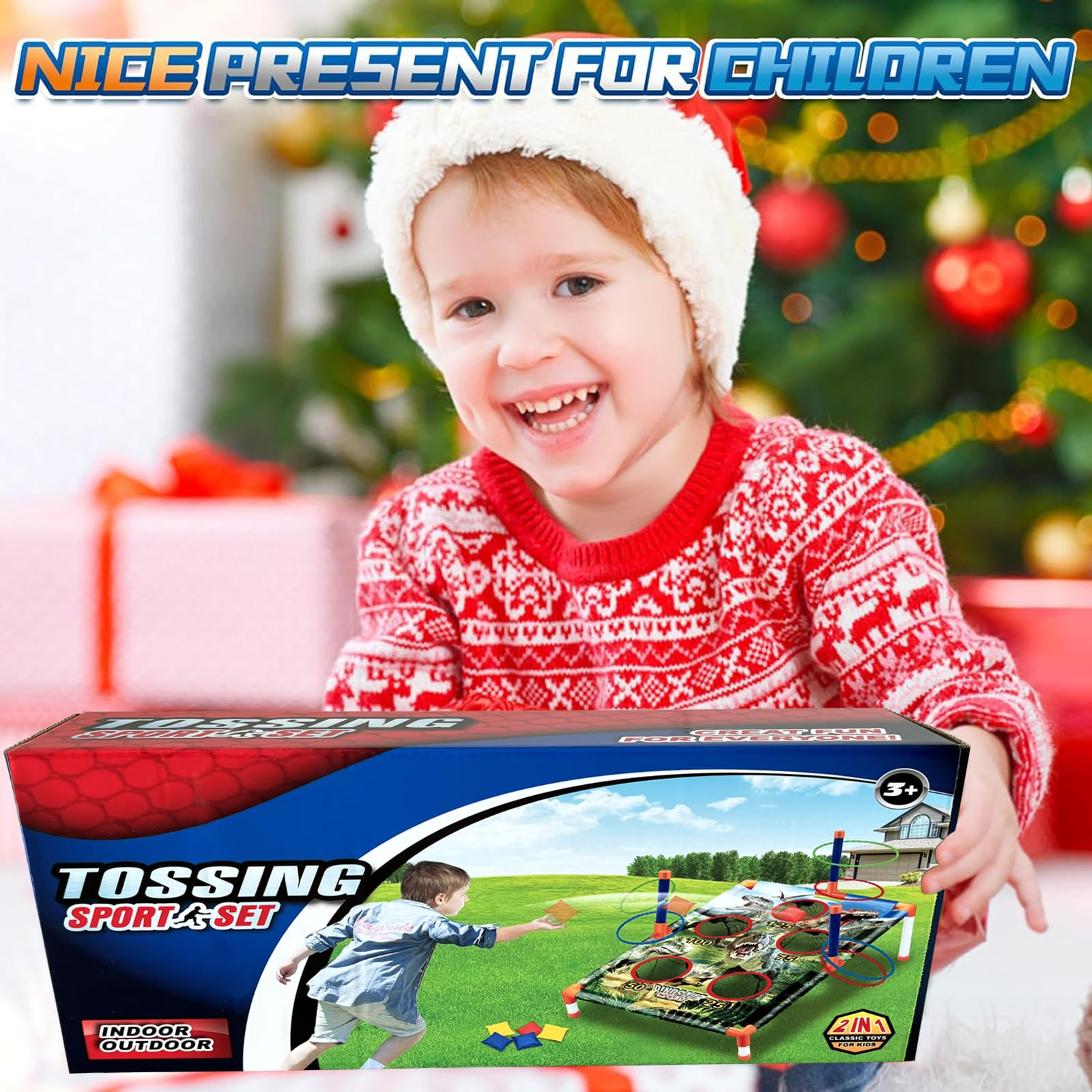 2-in-1 Outdoor Toss Game, Portable Cornhole Throwing Circle Ferrule Board Set, Safe for Ages 3+