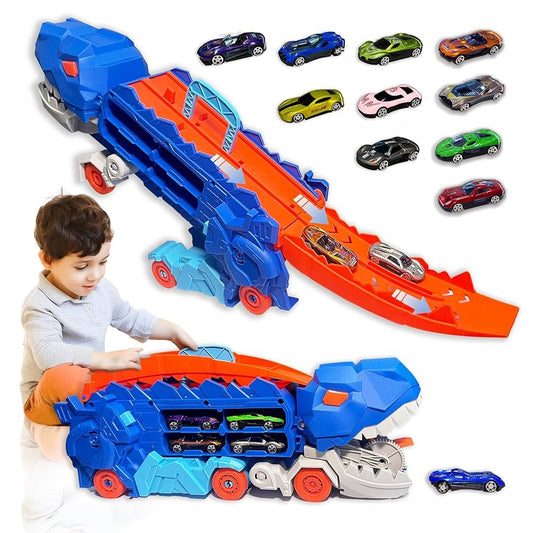2-in-1 STEM Dinosaur Transport Truck with 2 Metal Cars, Safe for Ages 4+