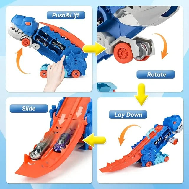 2-in-1 STEM Dinosaur Transport Truck with 2 Metal Cars, Safe for Ages 4+