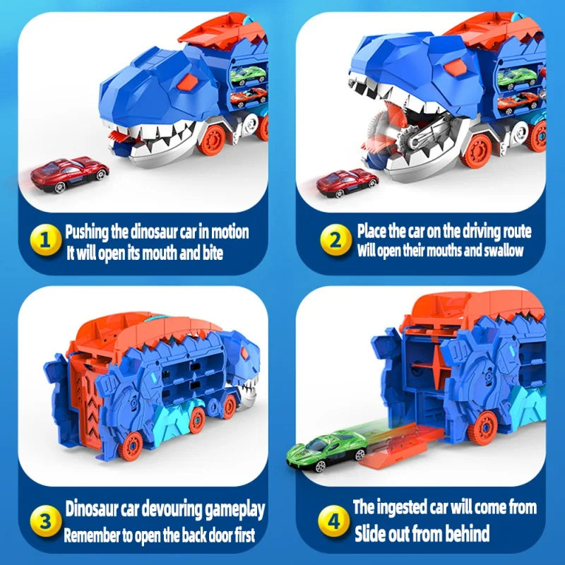 2-in-1 STEM Dinosaur Transport Truck with 2 Metal Cars, Safe for Ages 4+