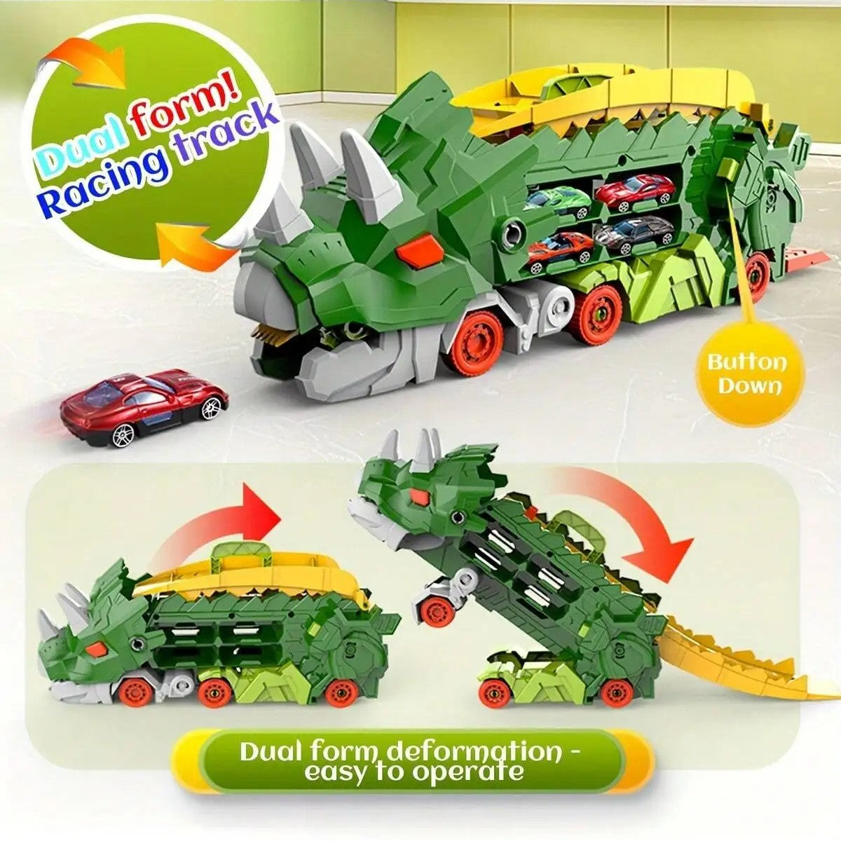 2-in-1 STEM Dinosaur Transport Truck with 2 Metal Cars, Safe for Ages 4+
