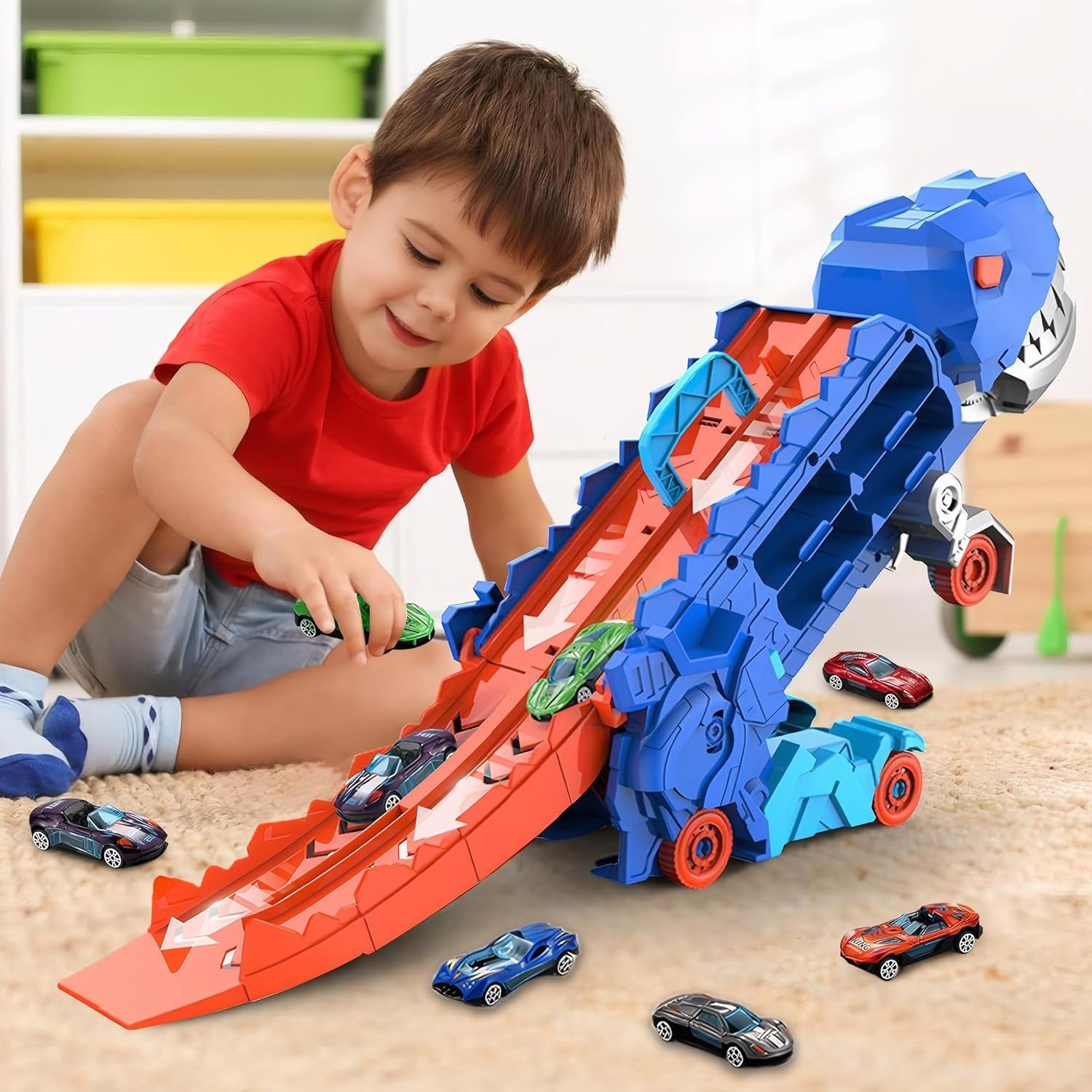 2-in-1 STEM Dinosaur Transport Truck with 2 Metal Cars, Safe for Ages 4+