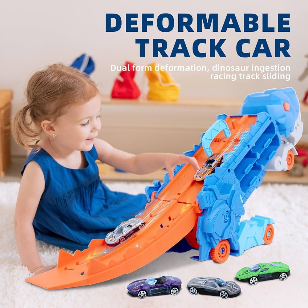 2-in-1 STEM Dinosaur Transport Truck with 2 Metal Cars, Safe for Ages 4+