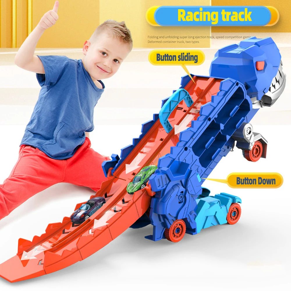 2-in-1 STEM Dinosaur Transport Truck with 2 Metal Cars, Safe for Ages 4+