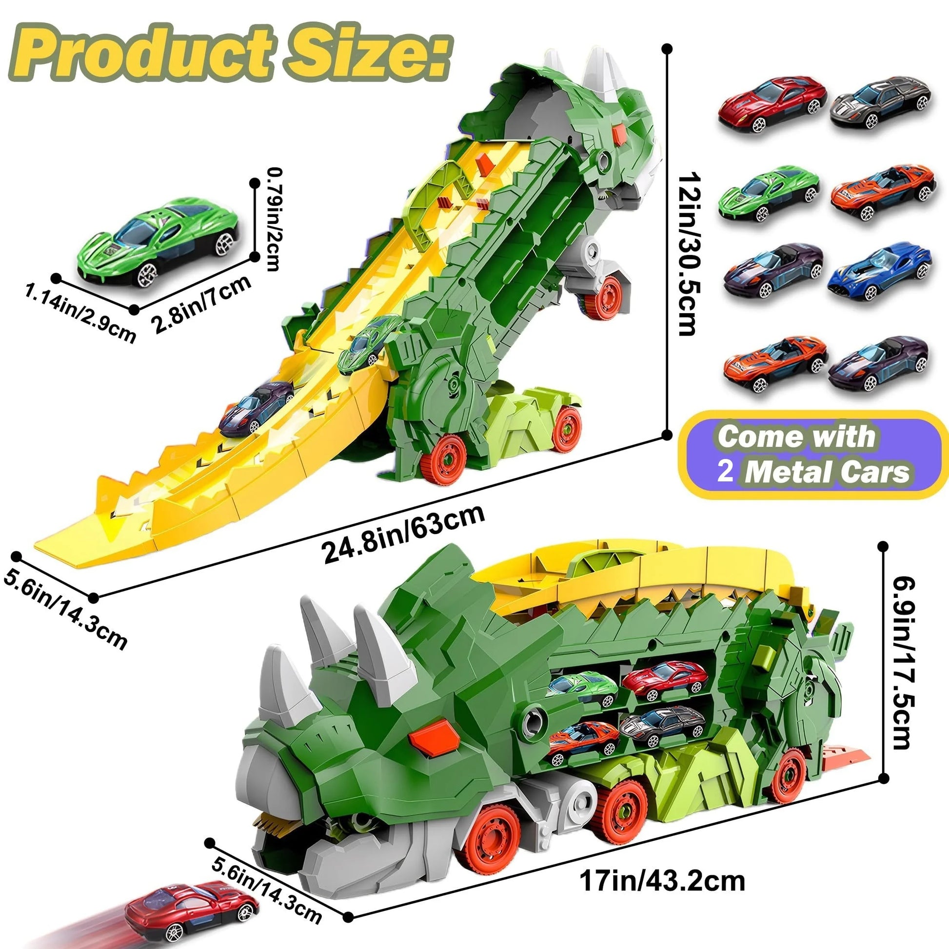 2-in-1 STEM Dinosaur Transport Truck with 2 Metal Cars, Safe for Ages 4+