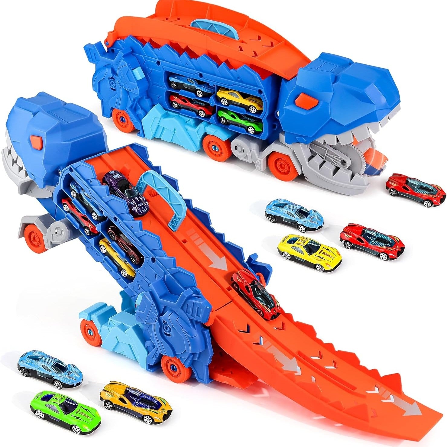 2-in-1 STEM Dinosaur Transport Truck with 2 Metal Cars, Safe for Ages 4+