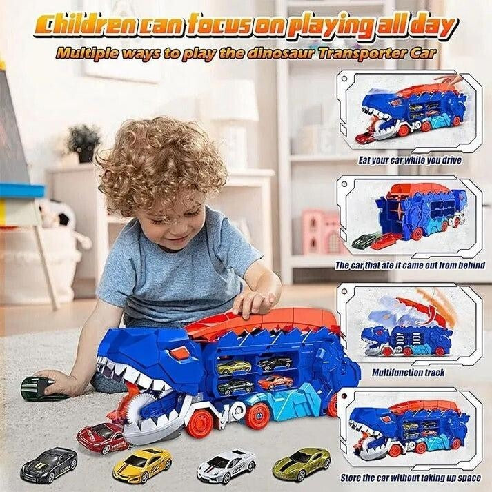 2-in-1 STEM Dinosaur Transport Truck with 2 Metal Cars, Safe for Ages 4+