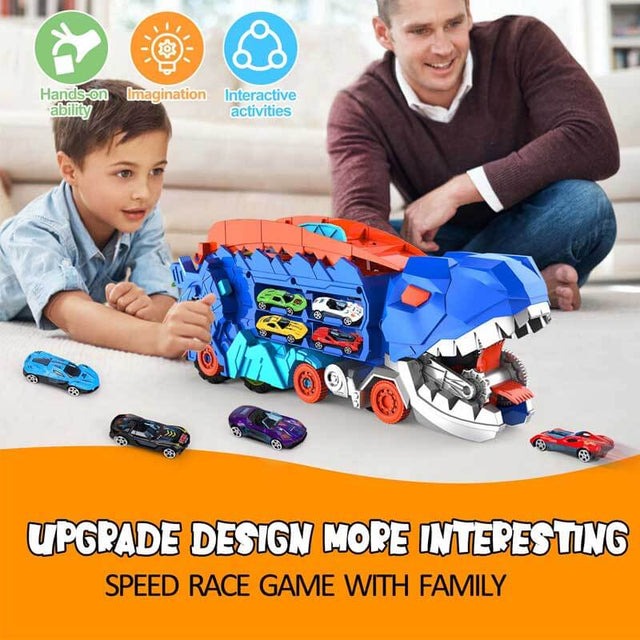 2-in-1 STEM Dinosaur Transport Truck with 2 Metal Cars, Safe for Ages 4+