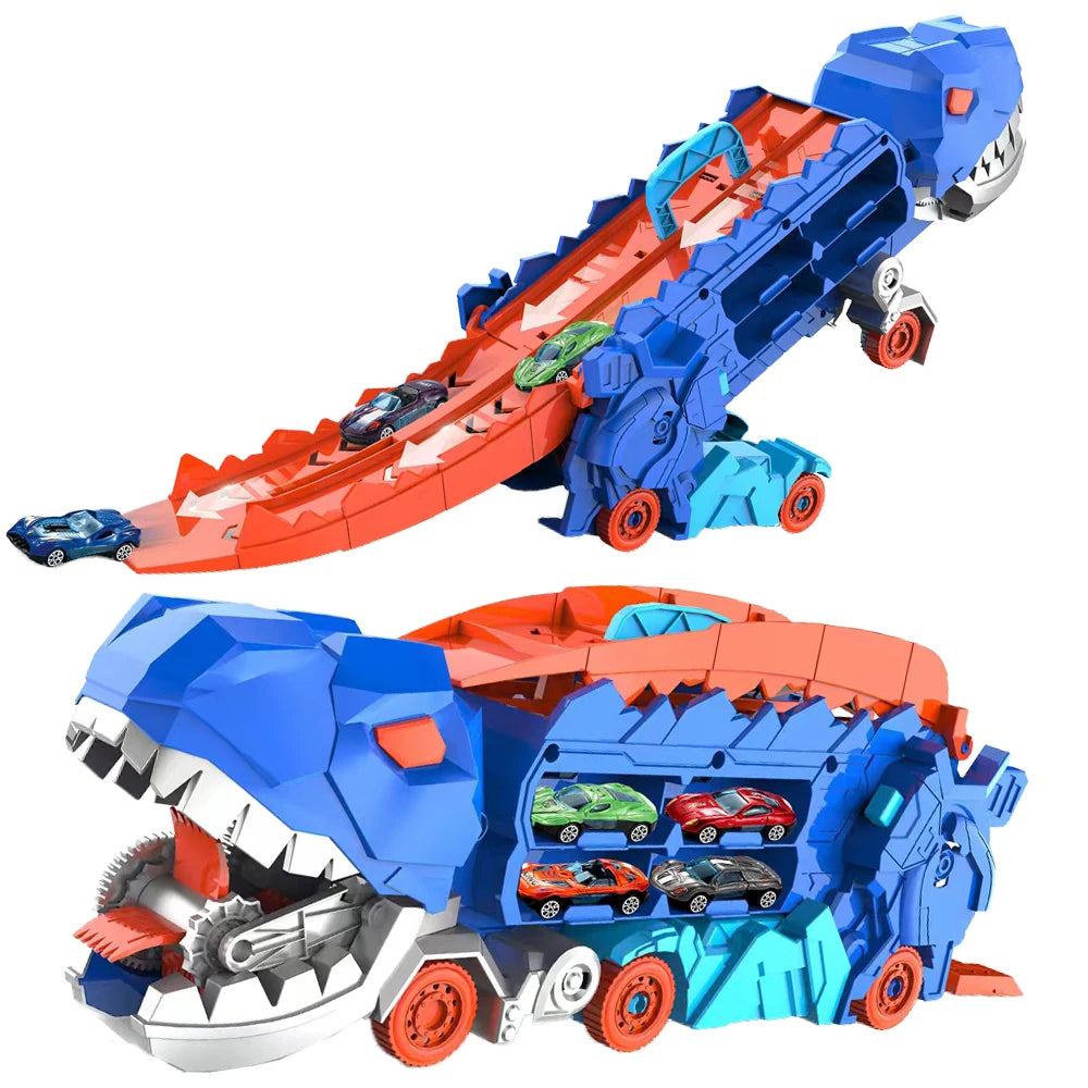 2-in-1 STEM Dinosaur Transport Truck with 2 Metal Cars, Safe for Ages 4+