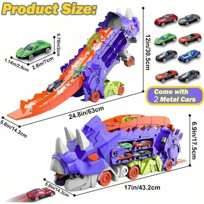 2-in-1 STEM Dinosaur Transport Truck with 2 Metal Cars, Safe for Ages 4+