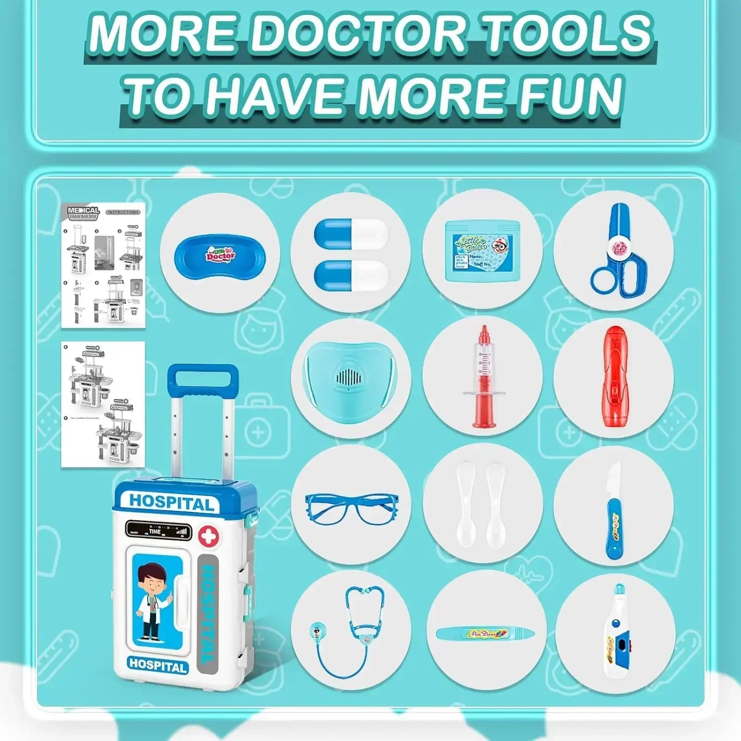 22 Pcs Educational Pretend Medical Station Set Doctor, Realistic Tools, Foldable Trolley, Safe for Kids 3+