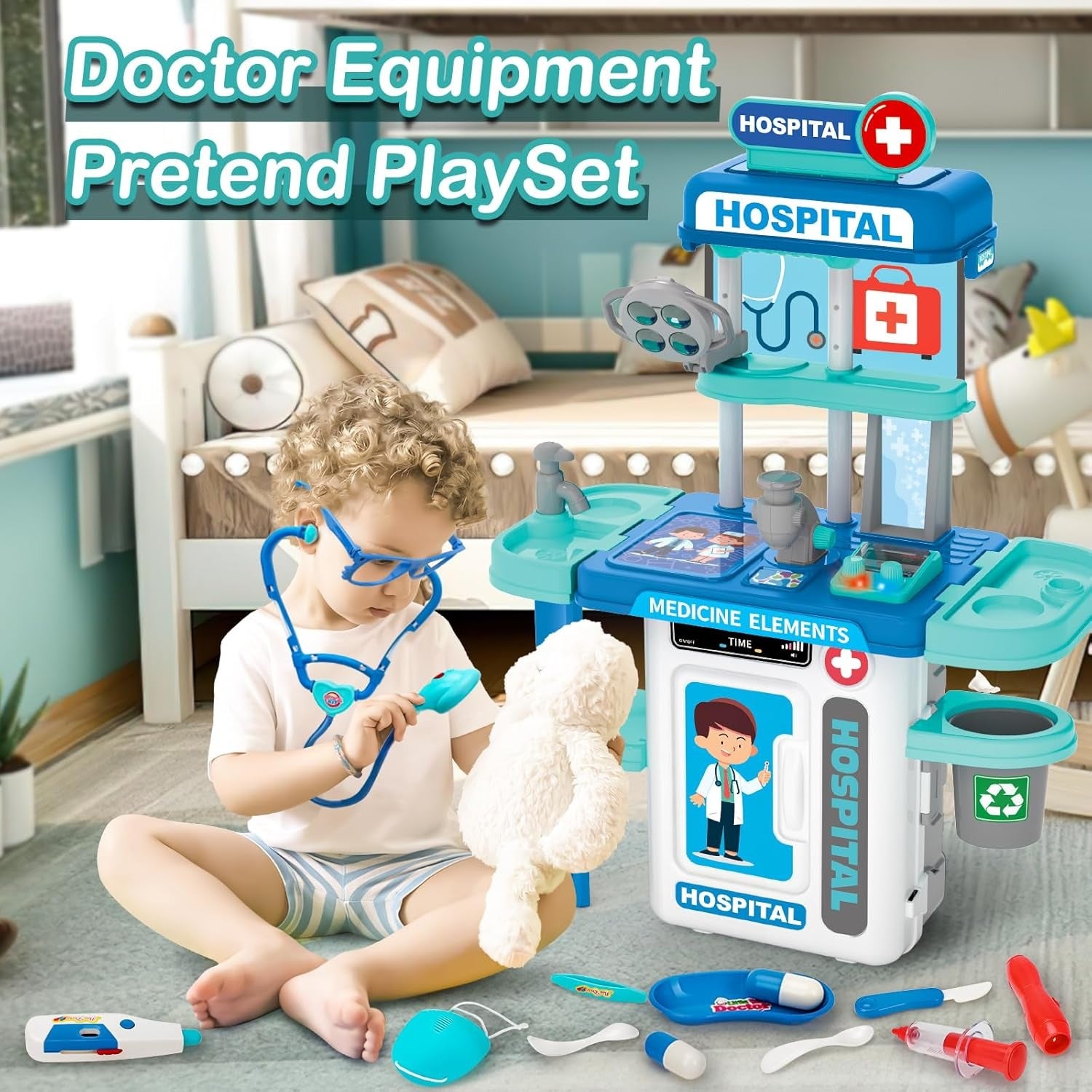 22 Pcs Educational Pretend Medical Station Set Doctor, Realistic Tools, Foldable Trolley, Safe for Kids 3+