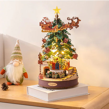 3D Wooden Christmas Tree Music Box with Featuring an Enchanting Holiday Scene, LED Lights, Moving Train, Safe for Ages 14+