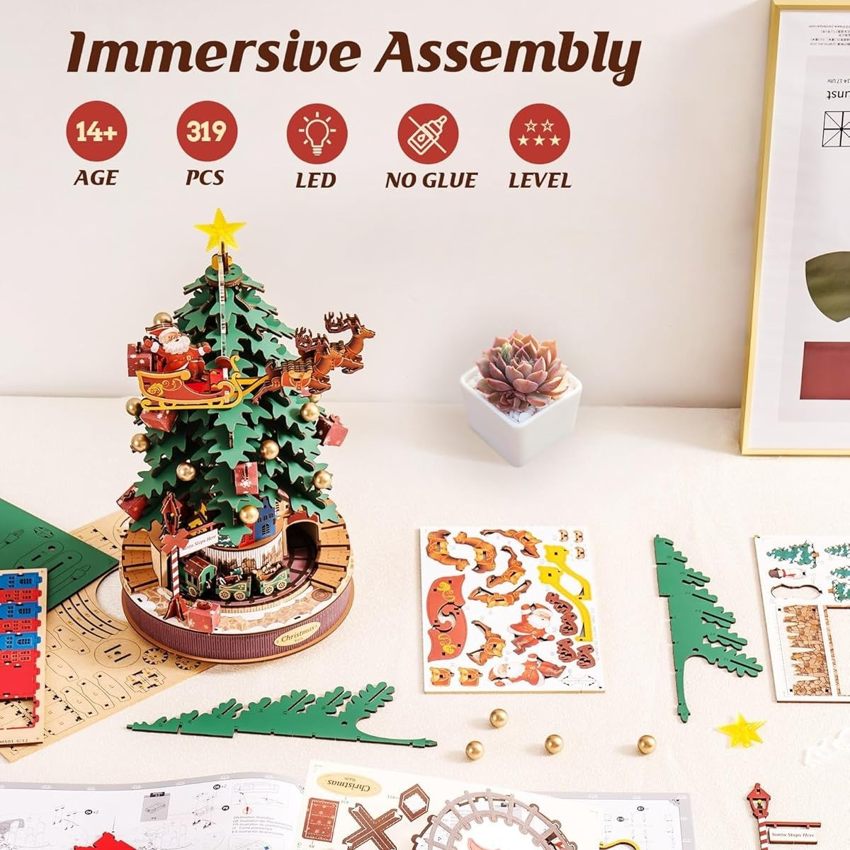 3D Wooden Christmas Tree Music Box with Featuring an Enchanting Holiday Scene, LED Lights, Moving Train, Safe for Ages 14+