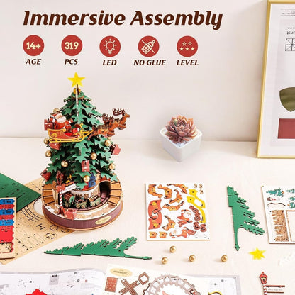 3D Wooden Christmas Tree Music Box with Featuring an Enchanting Holiday Scene, LED Lights, Moving Train, Safe for Ages 14+