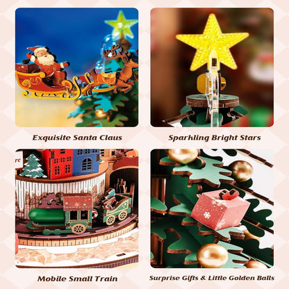 3D Wooden Christmas Tree Music Box with Featuring an Enchanting Holiday Scene, LED Lights, Moving Train, Safe for Ages 14+