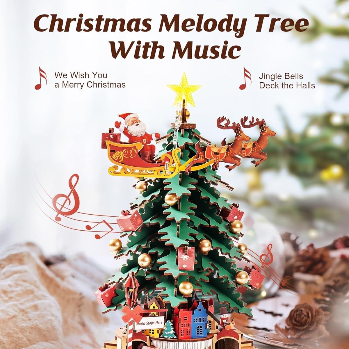 3D Wooden Christmas Tree Music Box with Featuring an Enchanting Holiday Scene, LED Lights, Moving Train, Safe for Ages 14+