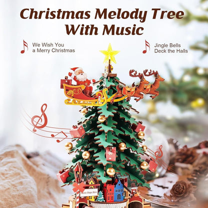 3D Wooden Christmas Tree Music Box with Featuring an Enchanting Holiday Scene, LED Lights, Moving Train, Safe for Ages 14+