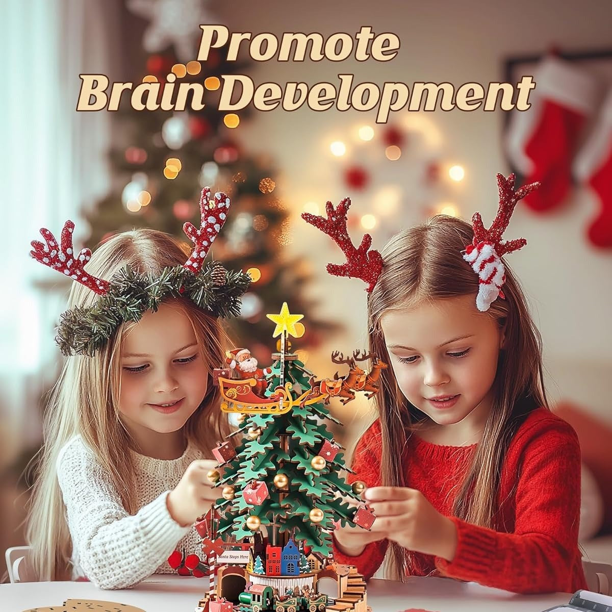 3D Wooden Christmas Tree Music Box with Featuring an Enchanting Holiday Scene, LED Lights, Moving Train, Safe for Ages 14+