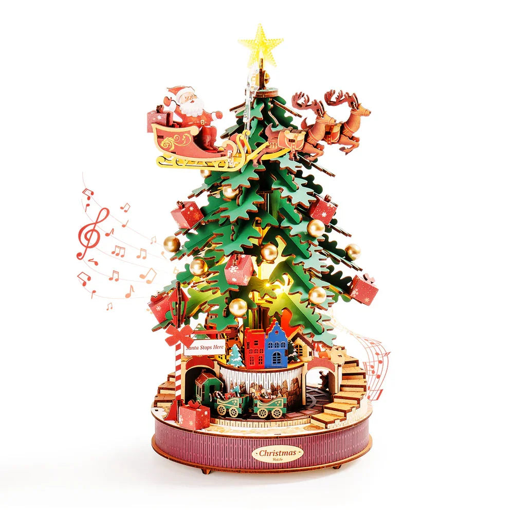 3D Wooden Christmas Tree Music Box with Featuring an Enchanting Holiday Scene, LED Lights, Moving Train, Safe for Ages 14+