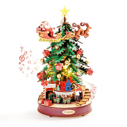 3D Wooden Christmas Tree Music Box with Featuring an Enchanting Holiday Scene, LED Lights, Moving Train, Safe for Ages 14+