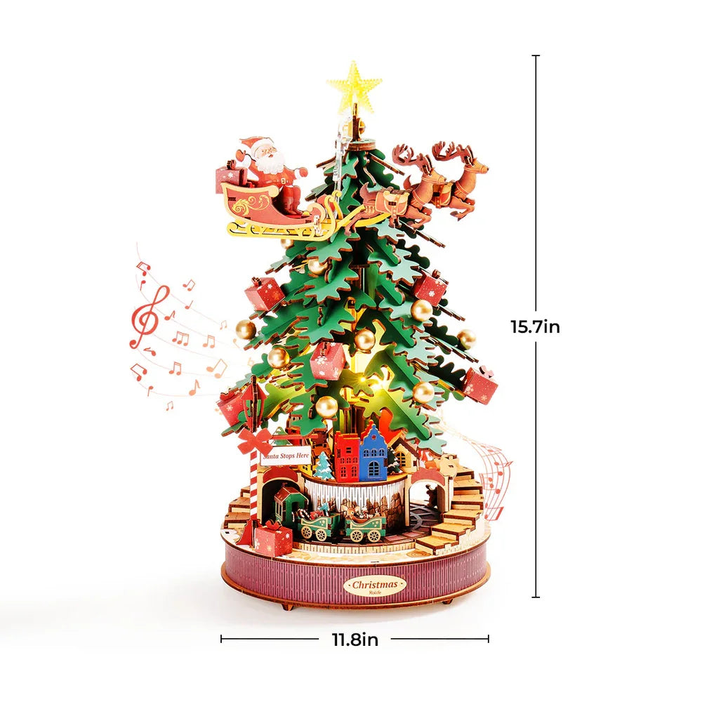 3D Wooden Christmas Tree Music Box with Featuring an Enchanting Holiday Scene, LED Lights, Moving Train, Safe for Ages 14+
