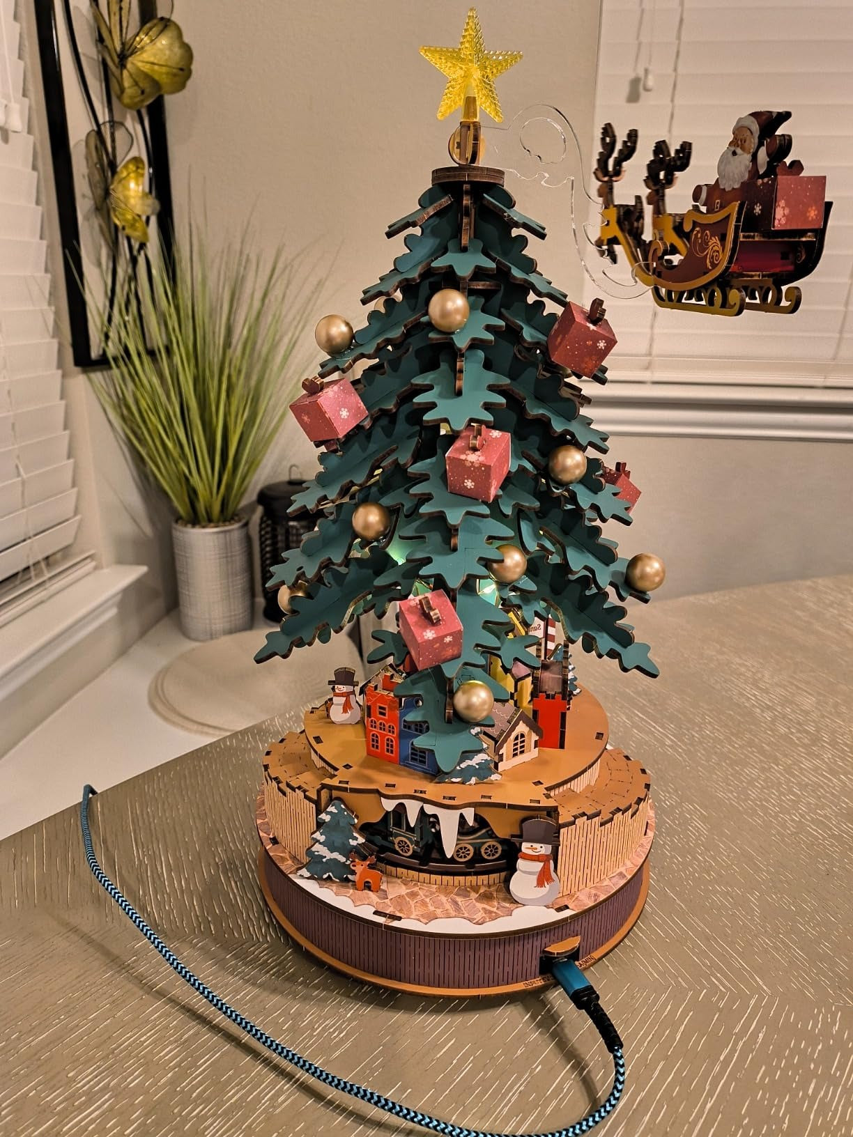 3D Wooden Christmas Tree Music Box with Featuring an Enchanting Holiday Scene, LED Lights, Moving Train, Safe for Ages 14+
