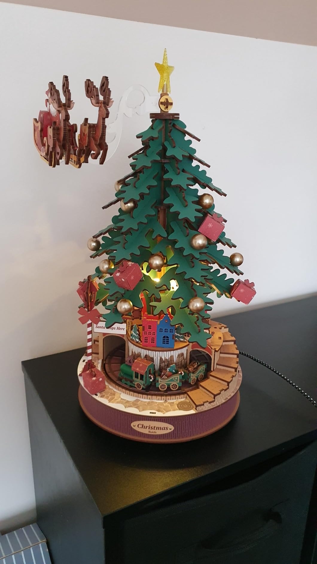 3D Wooden Christmas Tree Music Box with Featuring an Enchanting Holiday Scene, LED Lights, Moving Train, Safe for Ages 14+