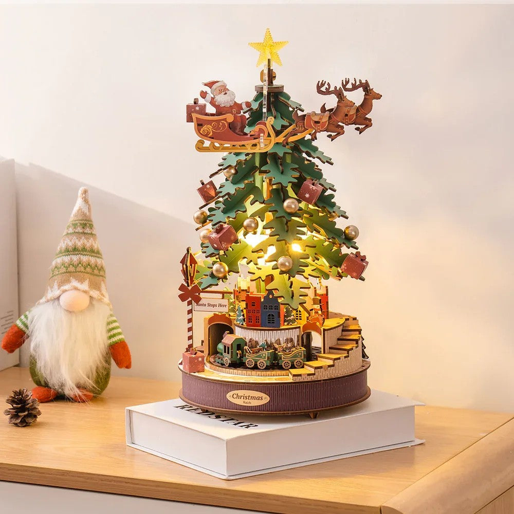 3D Wooden Christmas Tree Music Box with Featuring an Enchanting Holiday Scene, LED Lights, Moving Train, Safe for Ages 14+