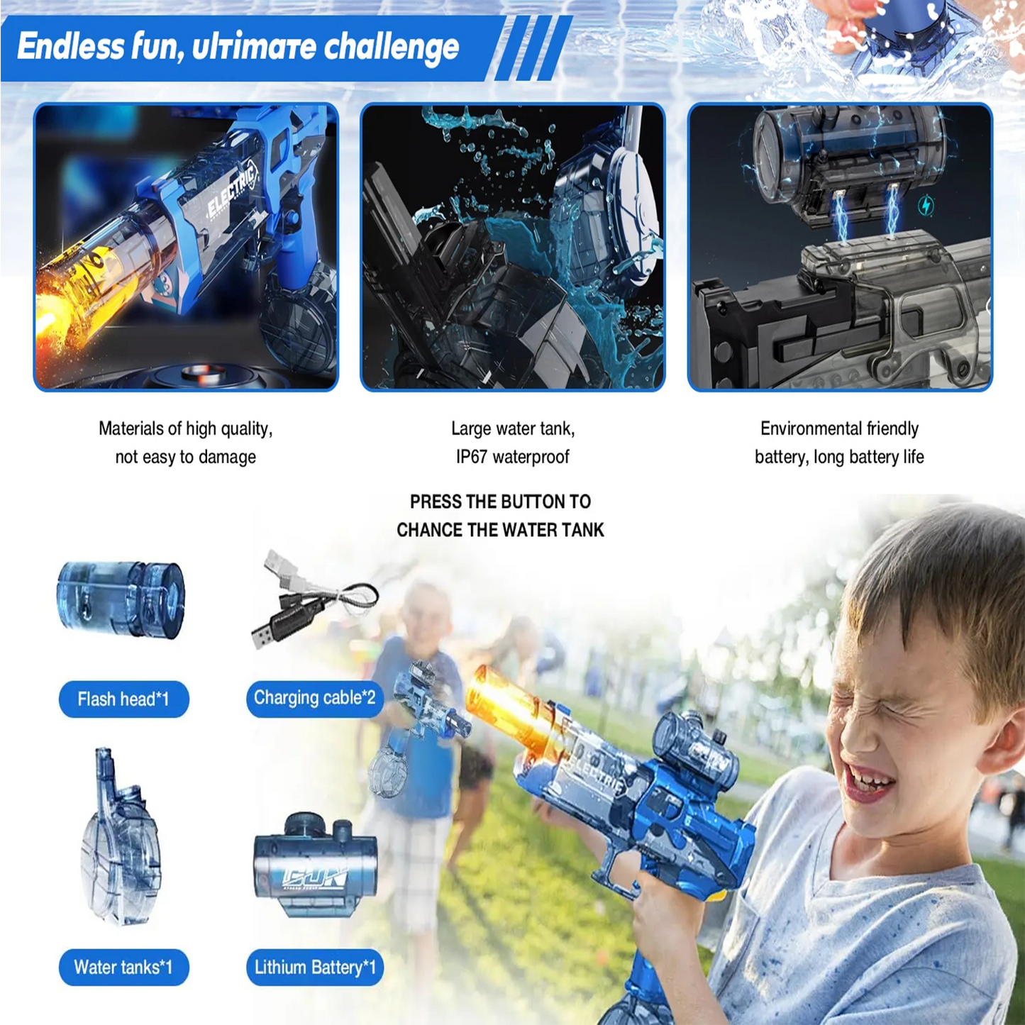 Rechargeable Electric Water Gun with Light & Sound for Ages 8+ - 26FT Range, Large Capacity