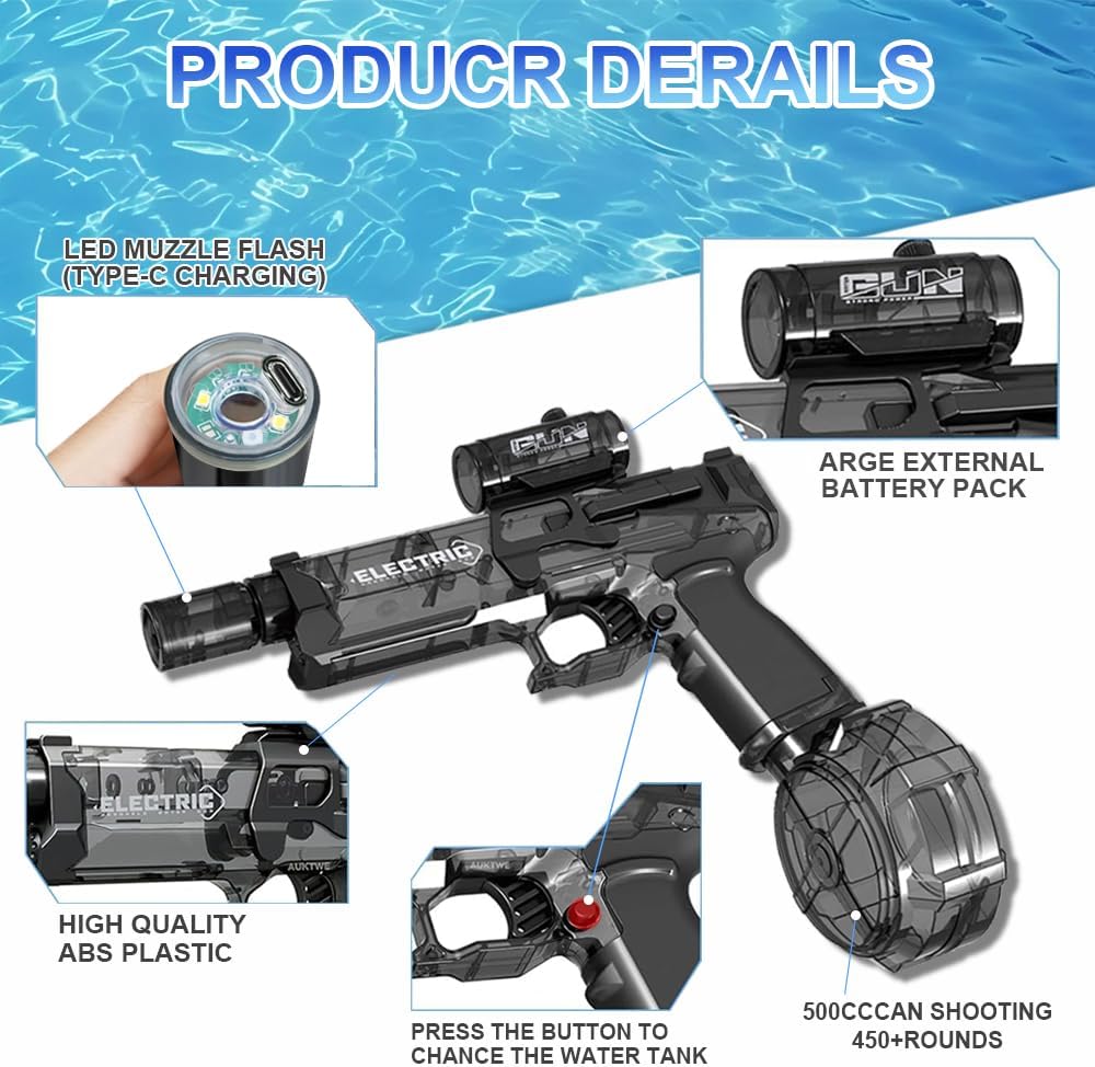 Rechargeable Electric Water Gun with Light & Sound for Ages 8+ - 26FT Range, Large Capacity