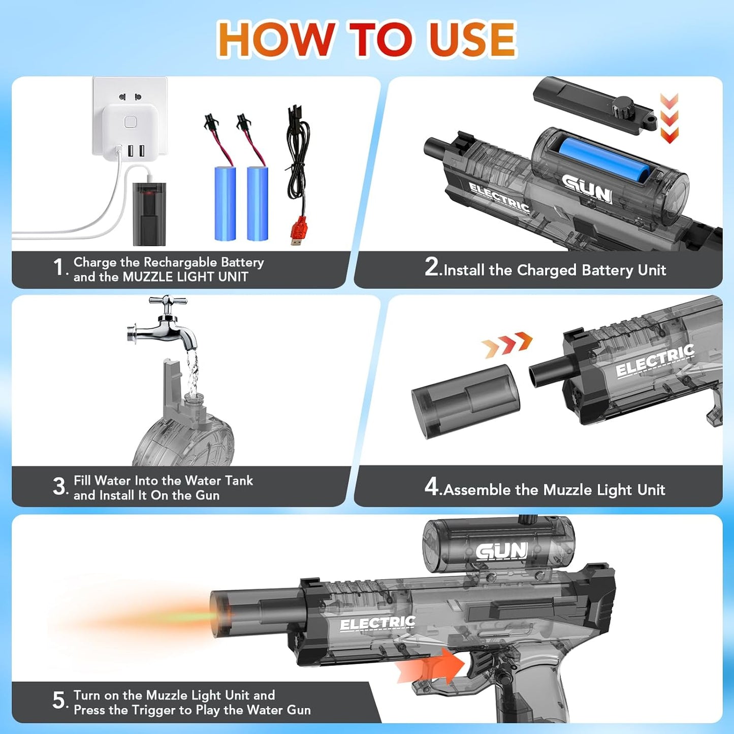 Rechargeable Electric Water Gun with Light & Sound for Ages 8+ - 26FT Range, Large Capacity